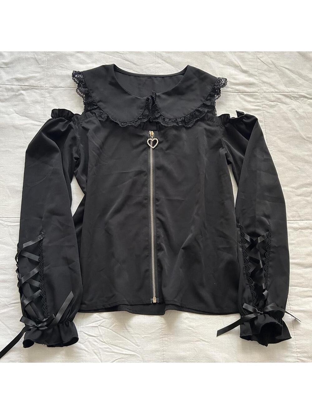 Black Gothic Jirai Kei Lace Peter Pan Collar Ribbon Sleeve Zip Blouse Japan